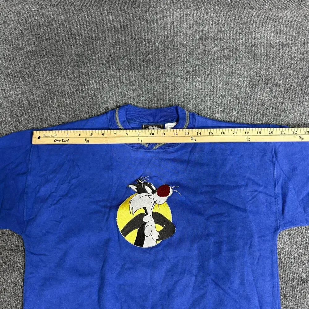 Vintage Looney Tunes Sweatshirt Boys Medium Blue Sylvester Tweety Embroidered